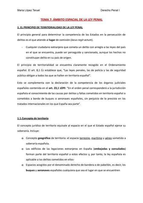 T 7 Ámbito espacial de la ley penal TEMA 7 ÁMBITO ESPACIAL DE LA