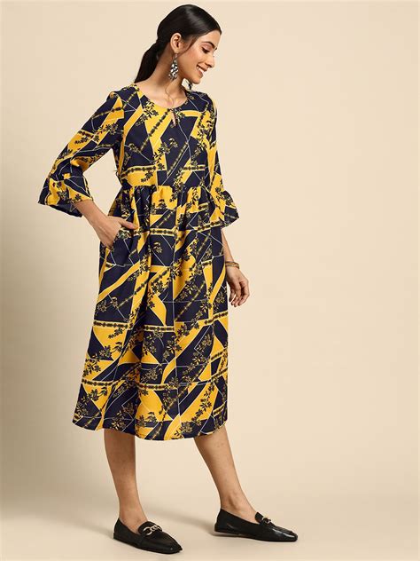 Buy Sangria Women Navy Blue Yellow Printed A Line Ethnic Dress