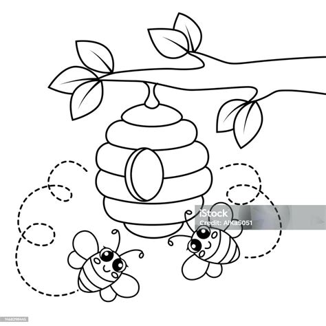 Cute Cartoon Bees Fly Around Beehive Black And White Vector