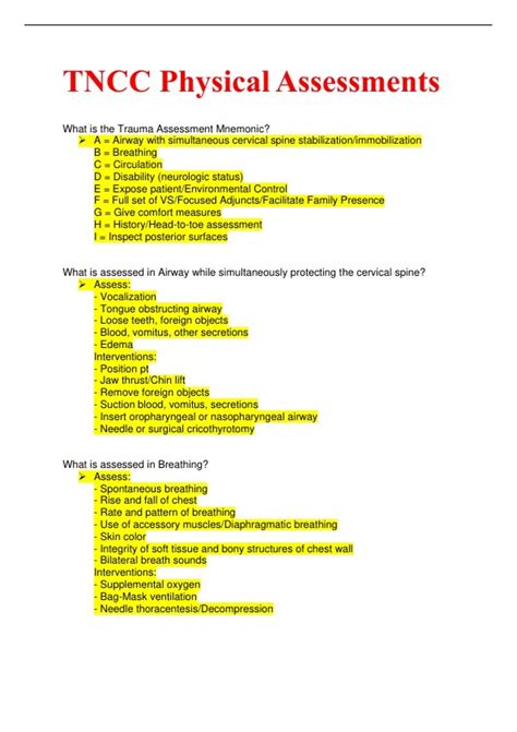 Tncc Physical Assessments Download To Score An A Tncc Trauma