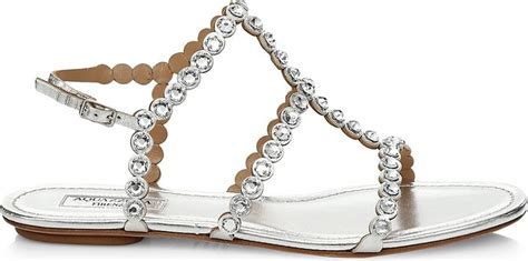 Aquazzura Tequila Crystal Embellished Metallic Leather Flat Sandals