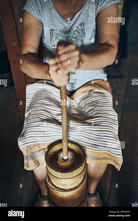 Woman Making Butter With Butter Churn Old Traditional Method Making Of