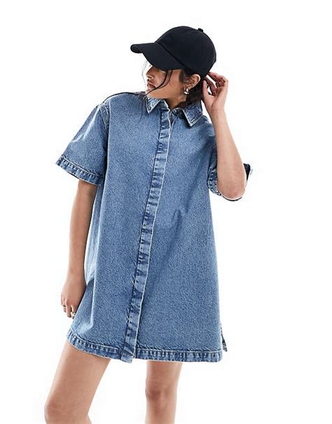 Asos Design Short Sleeve Denim Shirt Dress In Midwash Blue Asos