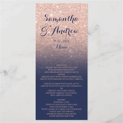 Chic Faux Rose Gold Glitter Navy Blue Wedding Menu Zazzle