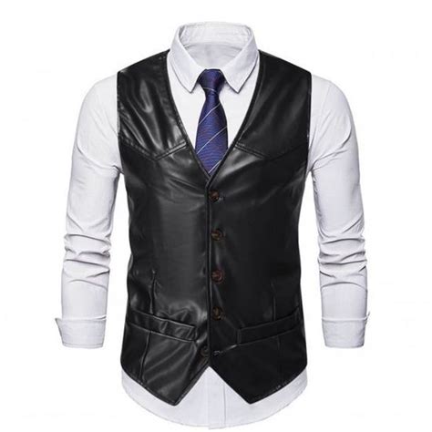 Gilet De Costume Homme Simili Cuir Slim Col V Sans Manche Business Casual Vintage Couleur Unie