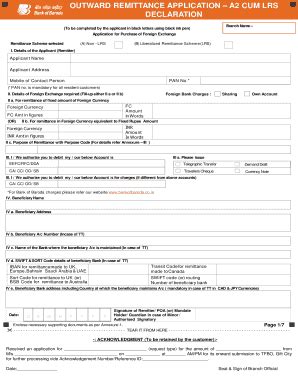 Outward Remittance Applicationa Cum Lrs Declaration Ddmmyyyy Fill