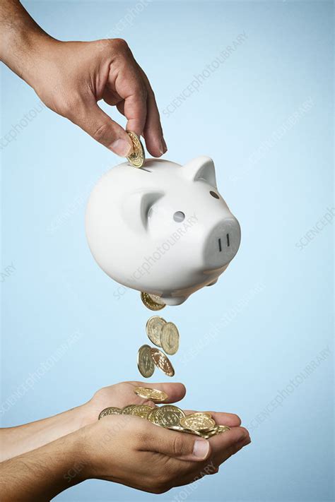 Hand Putting Coin Into Piggy Bank Stock Image F Science