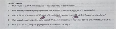 Solved Pre Lab Question 1 What Volume Of 0 100 M HCl Is Chegg