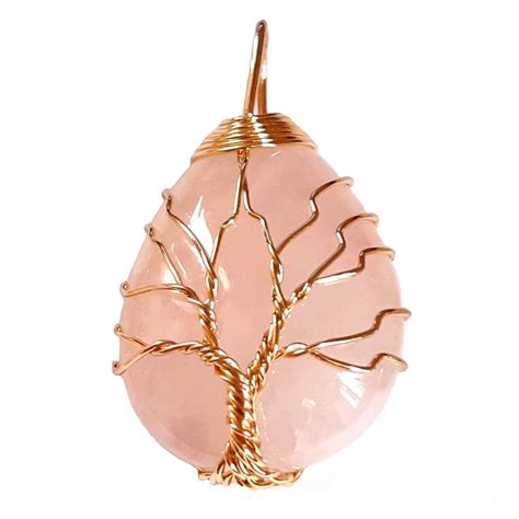 PPendentif goutte arbre de vie en quartz rose wrap doré chaine 3 5cm