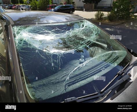 Broken Glass Of The Broken Windshield After A Heavy Car Accident Ruined The Windscreen And