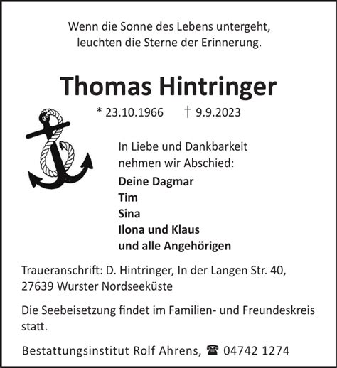 Thomas Hintringer Gedenken Nordsee Zeitung