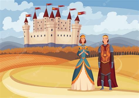 Rey Y Reina Medieval Sobre Fondo De Castillo Medieval De Cuento De Hadas Período Histórico De