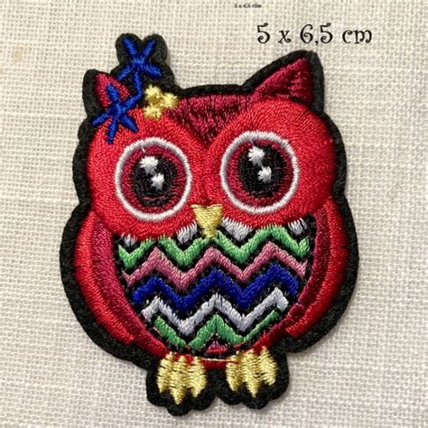 Écusson patch brodé thermocollant CHOUETTE ROUGE fleur 5 x 6 5 cm