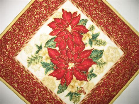 Christmas Table Topper Poinsettias Wall Hanging Quilted Handmade