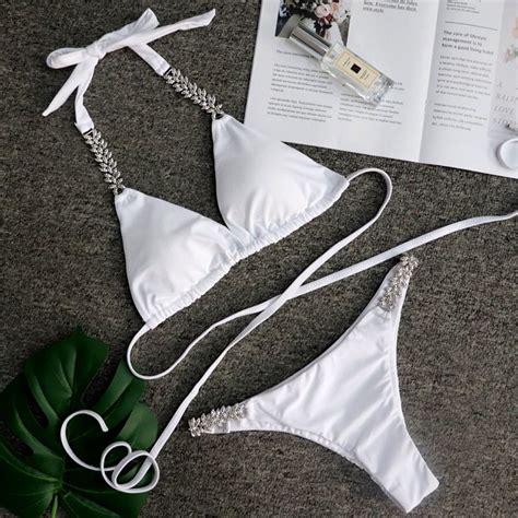 New Sexy White Crystal Diamond Bikini Women Cross Bandeau