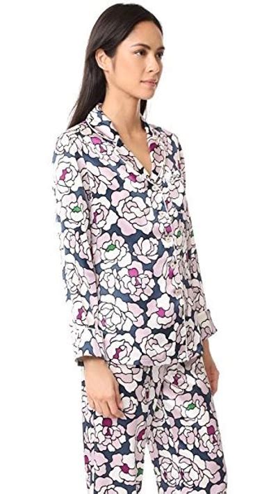 Olivia Von Halle Lila Floral Print Silk Satin Pajama Set In Teal Purple