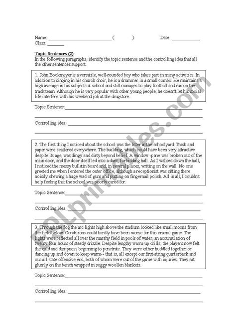 Identifying Topic Sentence Esl Worksheet By Lazymi