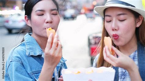 Asian Young Woman Eating Traditional Asian Street Food At Market Bangkok Cityclose Up Of Pretty