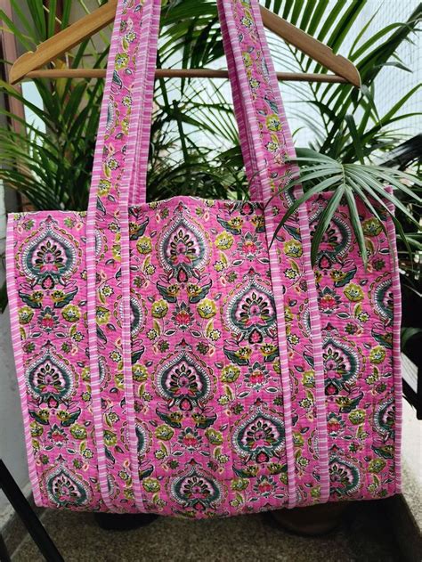 Handmade Block Print Kantha Quilted Tote With Inside Pocket Cotton