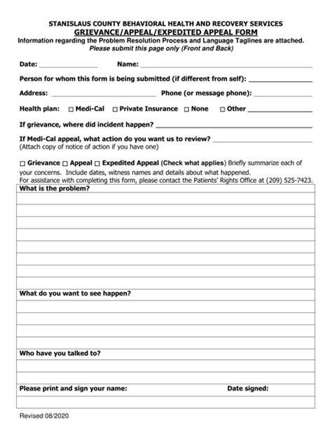 Stanislaus County California Grievance Appeal Expedited Appeal Form