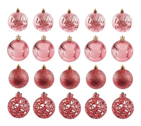 Kit 24 Bolas De Natal Sortido Rose Gold Pendente Árvore 8 Cm