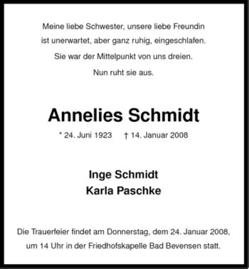 Traueranzeigen Von Annelies Schmidt AZ Trauer De