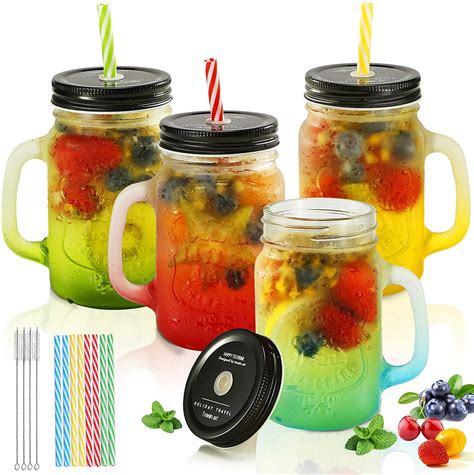 Mason Jar Cups With Handle 16oz Mason Jar Drinking Glasses With Straw