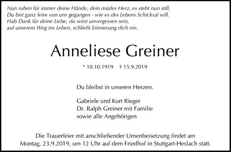 Traueranzeigen Von Anneliese Greiner Stuttgart Gedenkt De