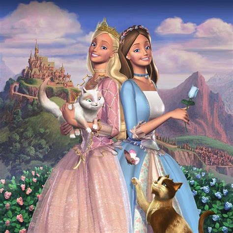 Two Barbie Dolls Standing Next To Each Other In Front Of A Castle With