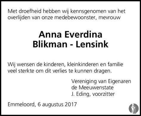 Anna Everdina Dini Blikman Lensink 01 08 2017 Overlijdensbericht En