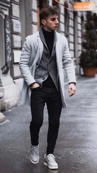 Mens Grey Overcoat Charcoal Shawl Cardigan Black Turtleneck Black