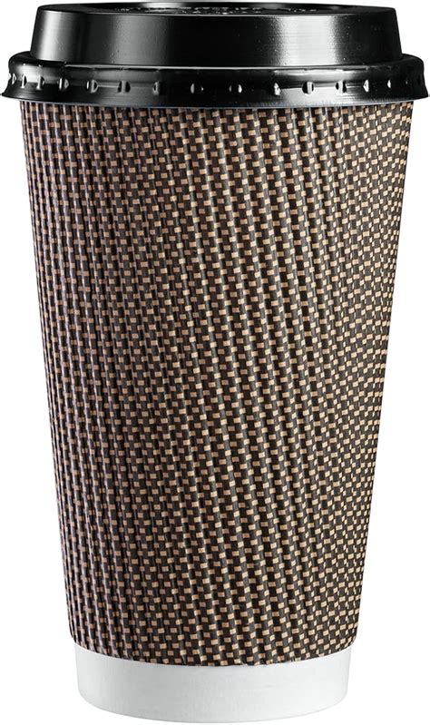 GUSTO 16 Oz 50 Sets Insulated Brown Patterned Ripple Paper Hot Coffee Cups With Lids Lids