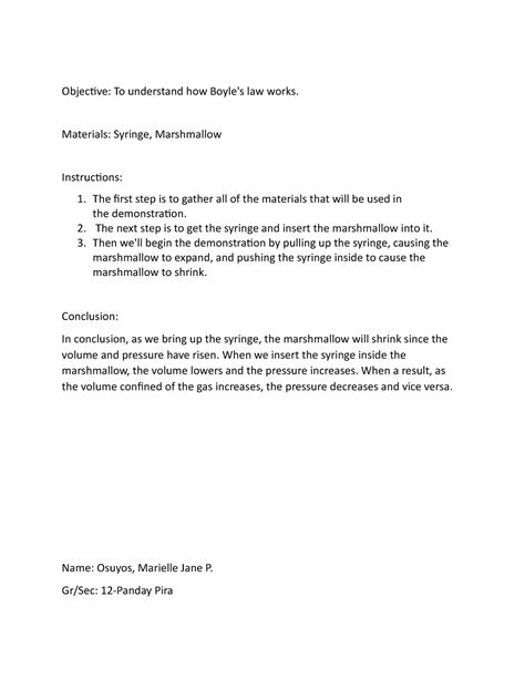 Gen Chem Experiment Procedure Objective To Understand How Boyle S