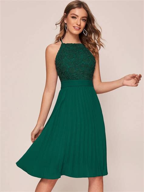 Shein Guipure Lace Bodice Pleated Halter Dress