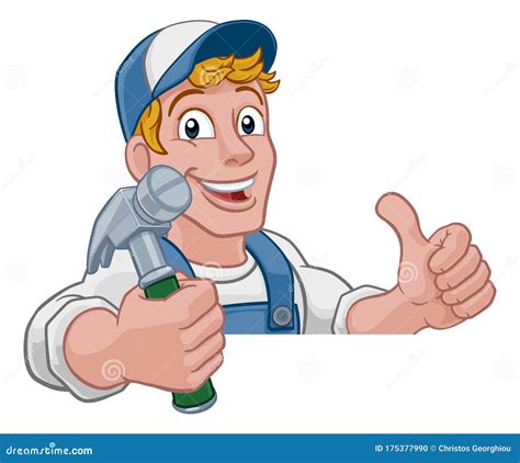 Handyman Carpenter Cartoon Character Holding Hammer Vector Illustration