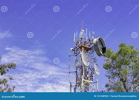 Wave Transmission Mast Large Phone Signal With A Bright Blue Sky Stock