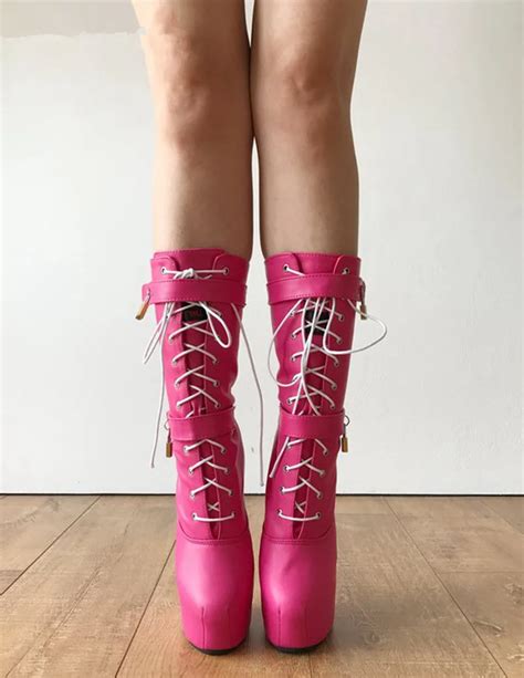 Women Pink Matte Hoof Boots Sexy Lace Up Females Mid Calf Boots Platform Heels Custom Made Heavy