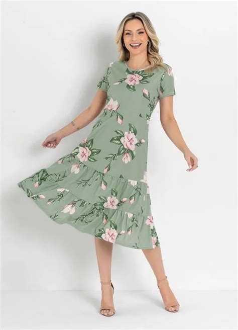 Vestido Floral Verde Com Babado Moda Evangélica Rosalie