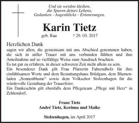 Traueranzeigen von Karin Tietz Märkische Onlinezeitung Trauerportal