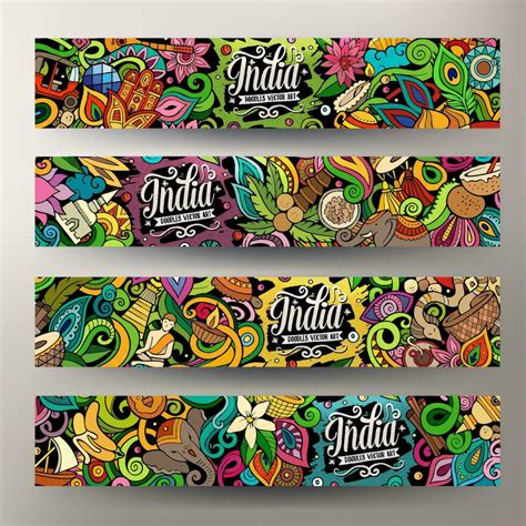 India Hand Drawn Doodle Banners Set Cartoon Detailed Flyers