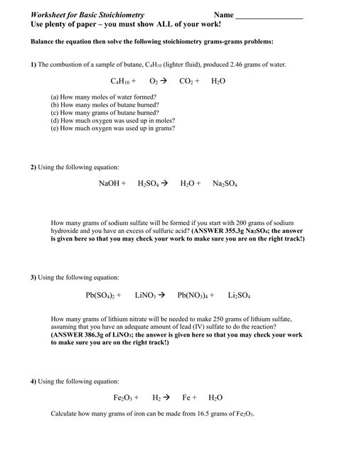 Basic Stoichiometry Worksheet Printable Sheet Education