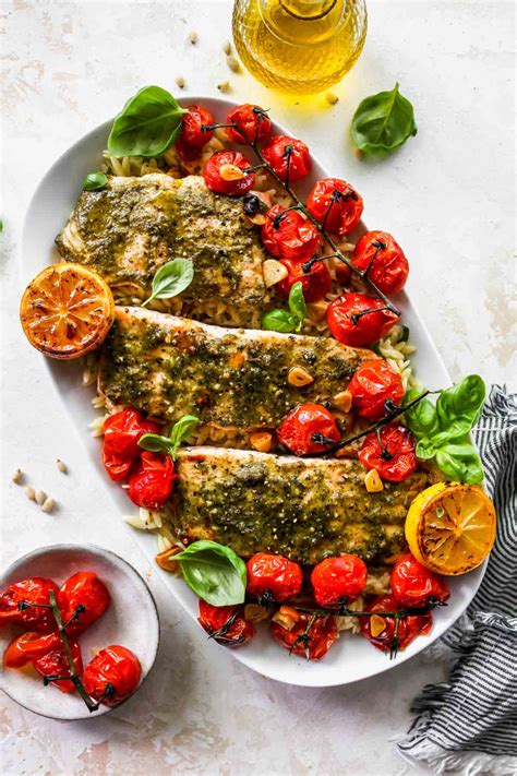 Pesto Salmon With Roasted Tomato Orzo Dishing Out Health