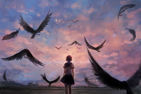 HD wallpaper: anime girl, crow, sky, feathers, school uniform, back ...