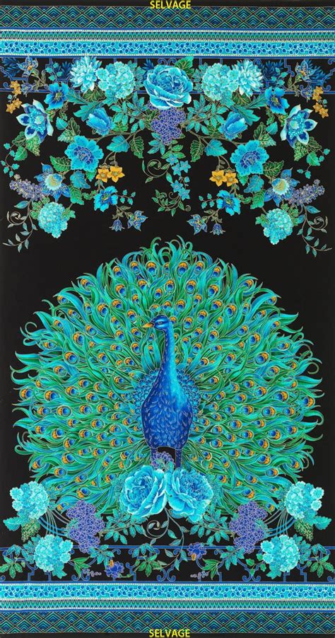 Peacock Panel In Blue Green Teal Turq W Gold From Etsy In 2020 Fabric Panel Quilts