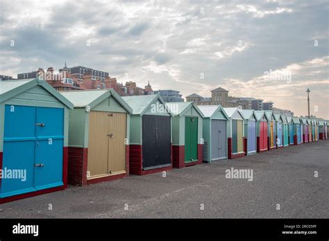 Colorful Wooden Beach Huts On The Coastal Route In Brighton United