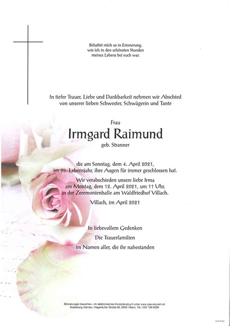 Parte für Irmgard Raimund geb Stranner pax requiem