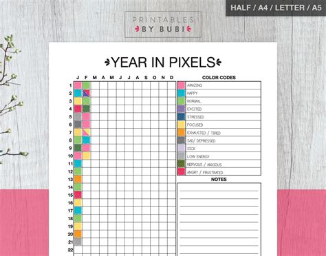 Mood Chart Mood Tracker Year In Pixels Bullet Journal Mood Pdf Download Printable Planner