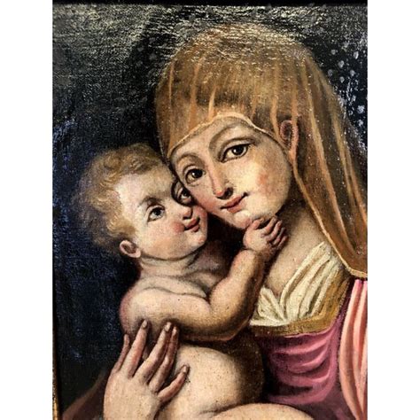 Antico Dipinto Olio Tela Madonna Della Tenerezza Gesu Bambino