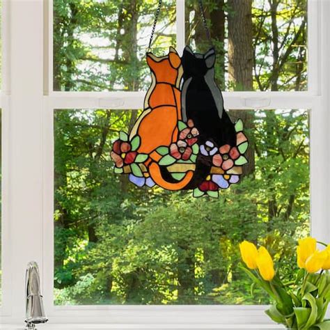 River Of Goods Multi Stained Glass Cats In The Garden Window Panel