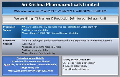 Sri Krishna Pharmaceuticals Ltd Walk In Interviews For Iti Freshers